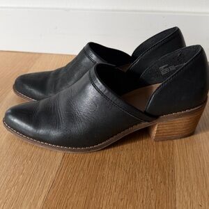 Crown Vintage Black Leather Cutout Mule Heels with Wood Block Heel